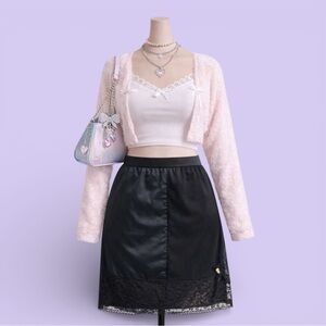 Vintage 1960s Lace Trim Slip Skirt High Waisted Black Size Small